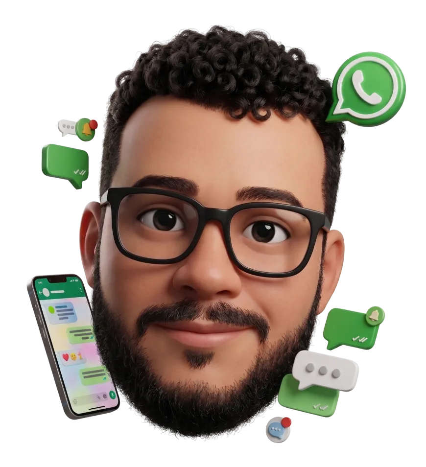 Avatar do Edu com celular e ícones do WhatsApp